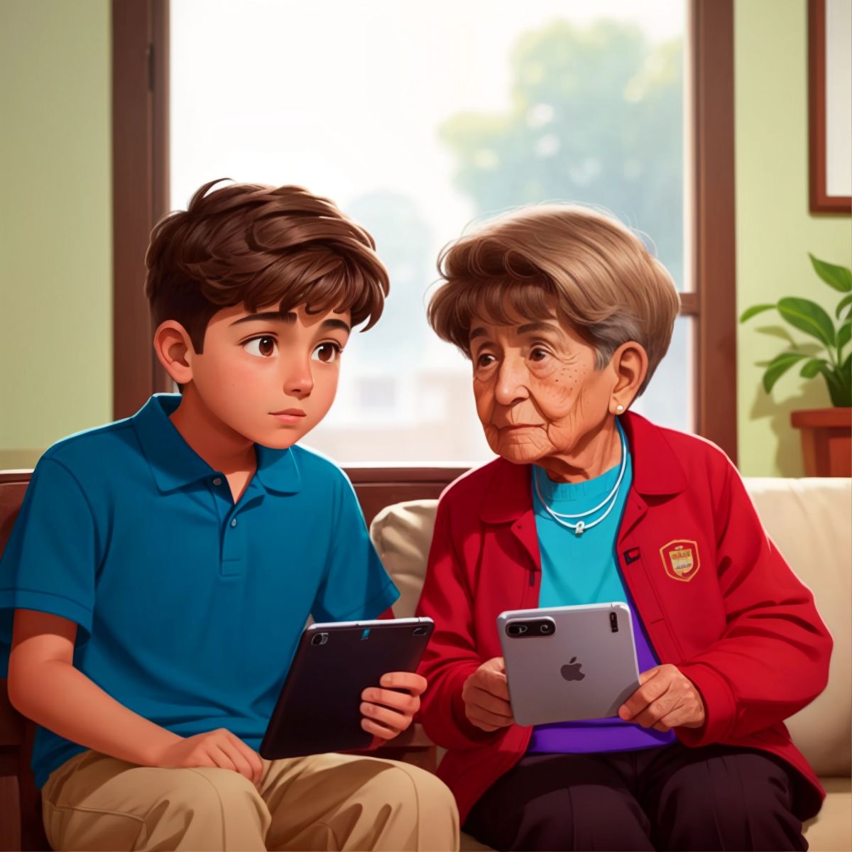 Daniel showing the AR Navigator app to an elderly lady