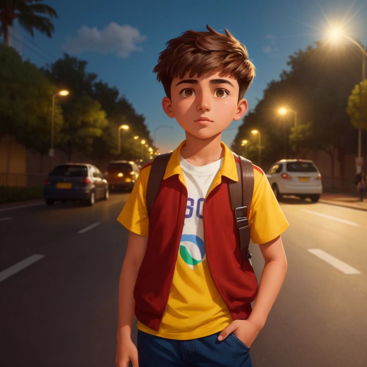 Daniel standing in front of a busy road, with a virtual traffic light visible on the phone screen