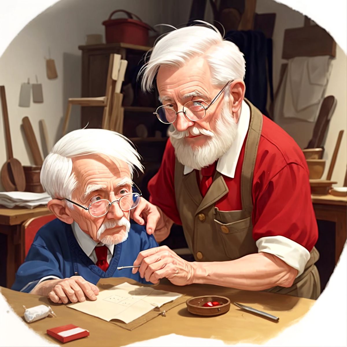 Santa Claus and Mr. Jones examining a tiny piece of red fabric