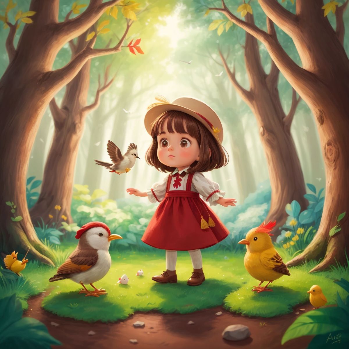 Sara, a cat, and a bird playing in a magical forest