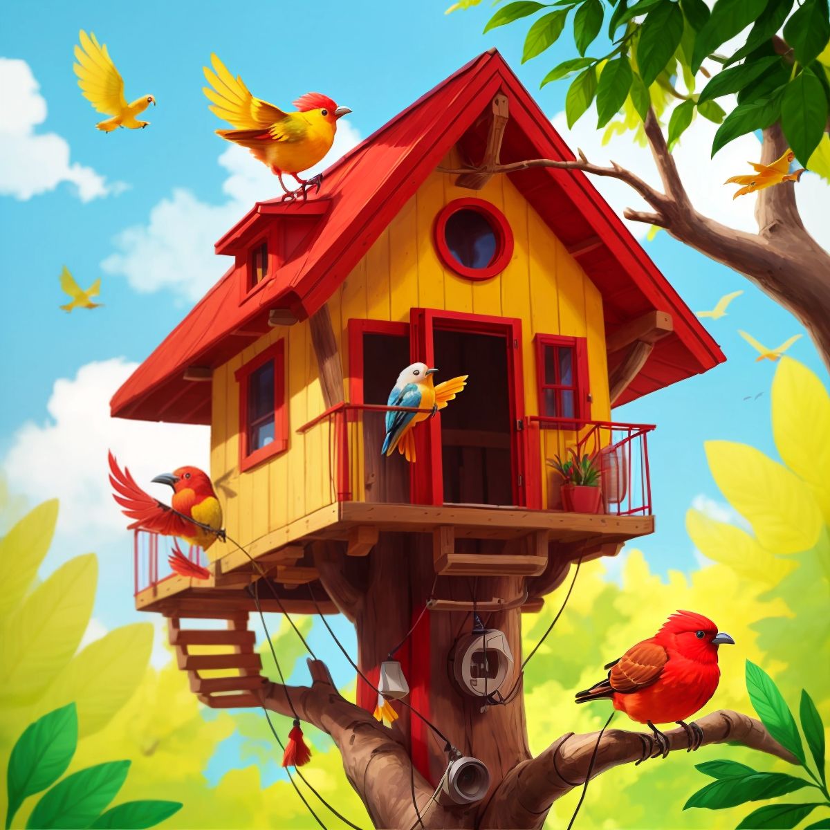 A bird with red and yellow feathers in a treehouse