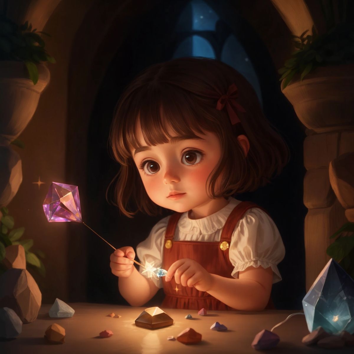 Sara making a wish with a glowing crystal