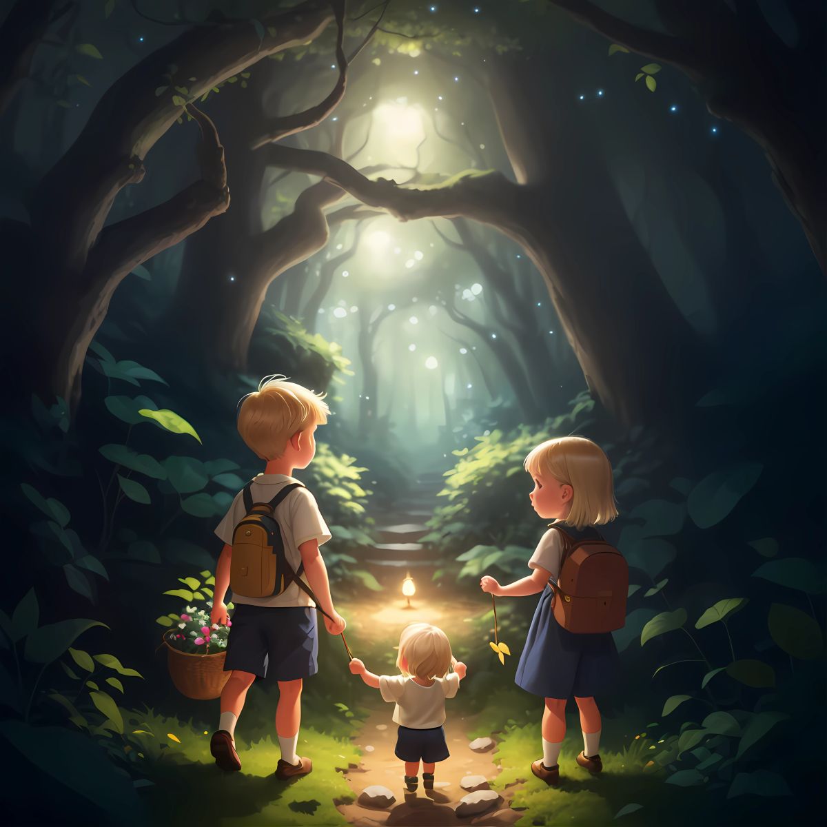 Sean and Kiera venturing into a dense forest, following a concealed path illuminated by the gentle glow of fireflies, surrounded by ancient trees whispering tales of the island's past.