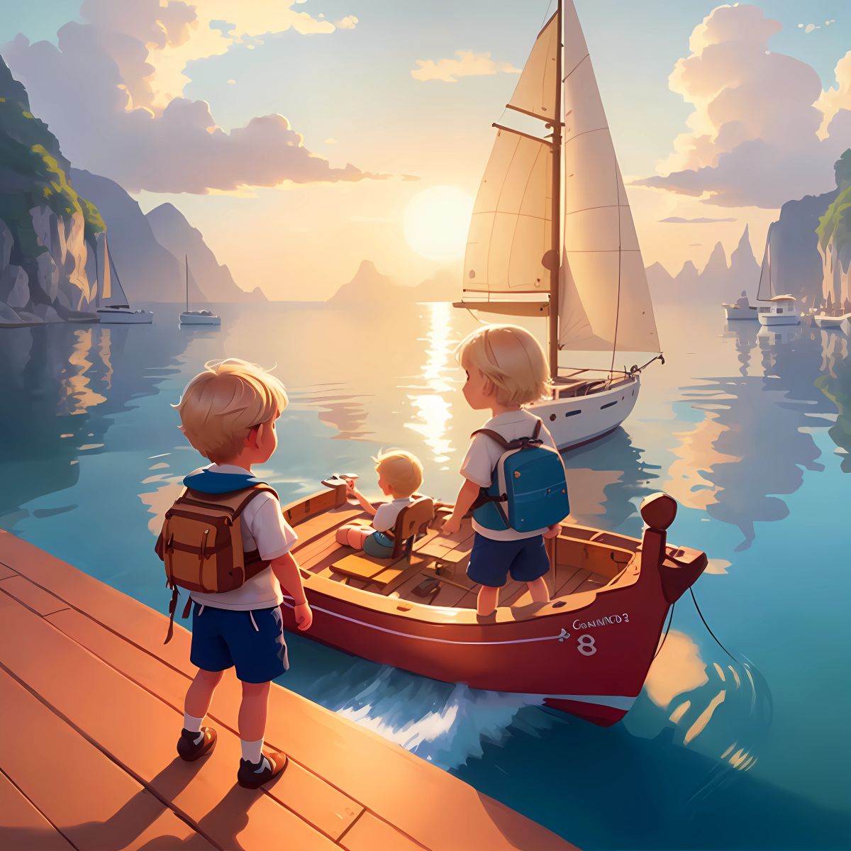 Sean and Kiera bidding farewell to Charmony, their catamaran sailing across the enchanted waters as the sun sets, carrying the treasure and cherished memories of their incredible journey.