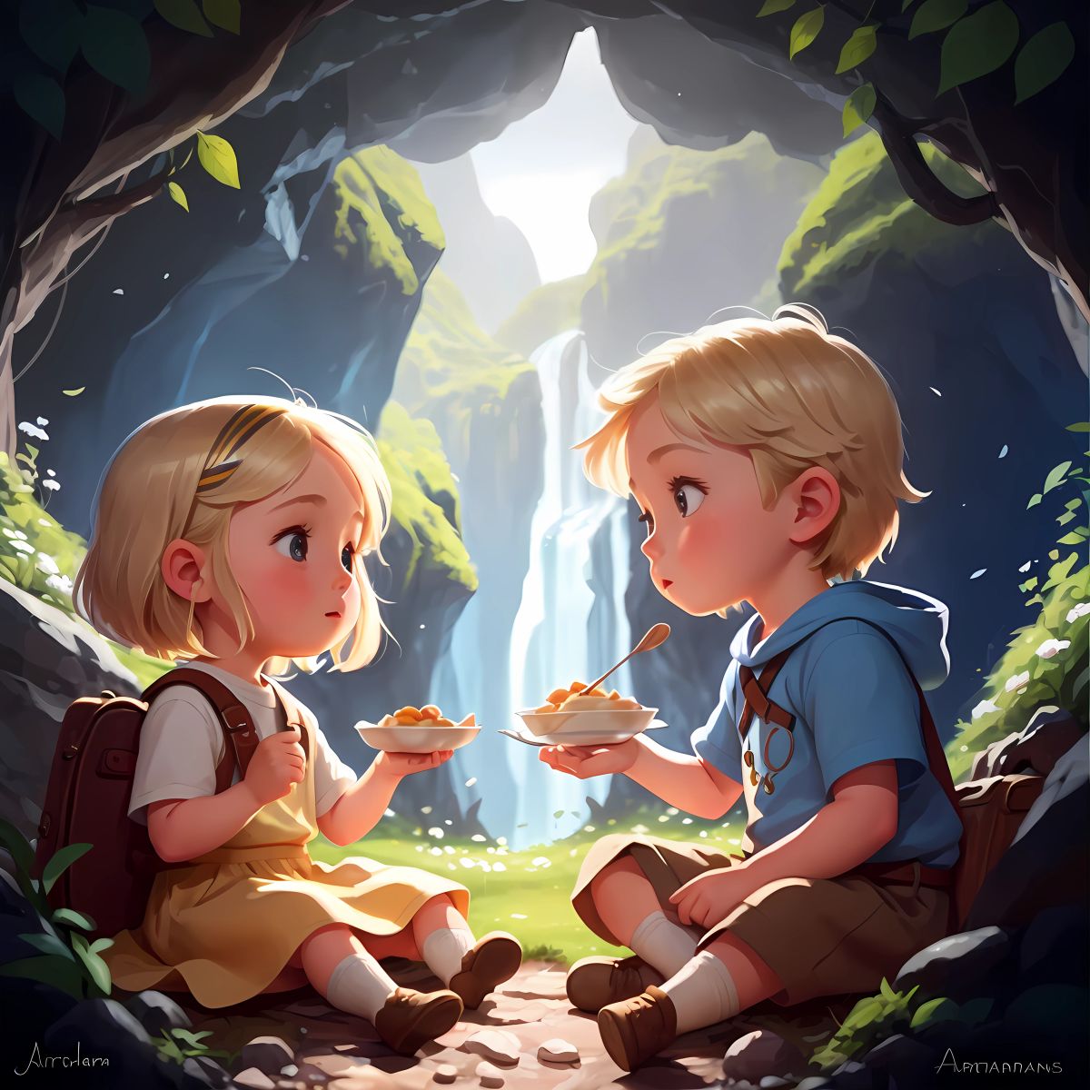 Sean and Kiera selflessly sharing their food with adorable, fluffy creatures with melancholic eyes, their kindness sparking gratitude and leading them to a hidden cave.