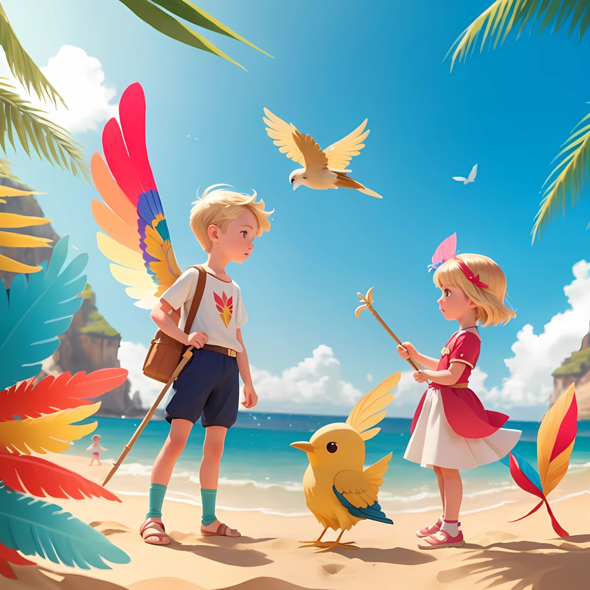 Flutter, the guardian of Charmony, standing on the sandy beach with vibrant, multicolored feathers and a slender, graceful tail, welcoming Sean and Kiera with a cheerful chirp.