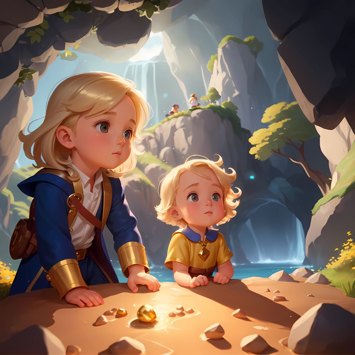 Sean and Kiera discovering a magnificent chest overflowing with gleaming gold and precious jewels in the heart of a concealed cave, the legendary buried treasure of Charmony.