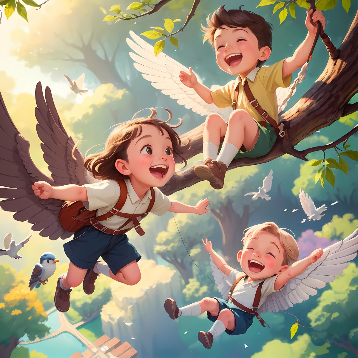 Brooklyn, Logan, and Grace soaring and playing in the treetops with their new pixie friends. They zipped and weaved through the branches, laughing and giggling, feeling the joy of their newfound wings.