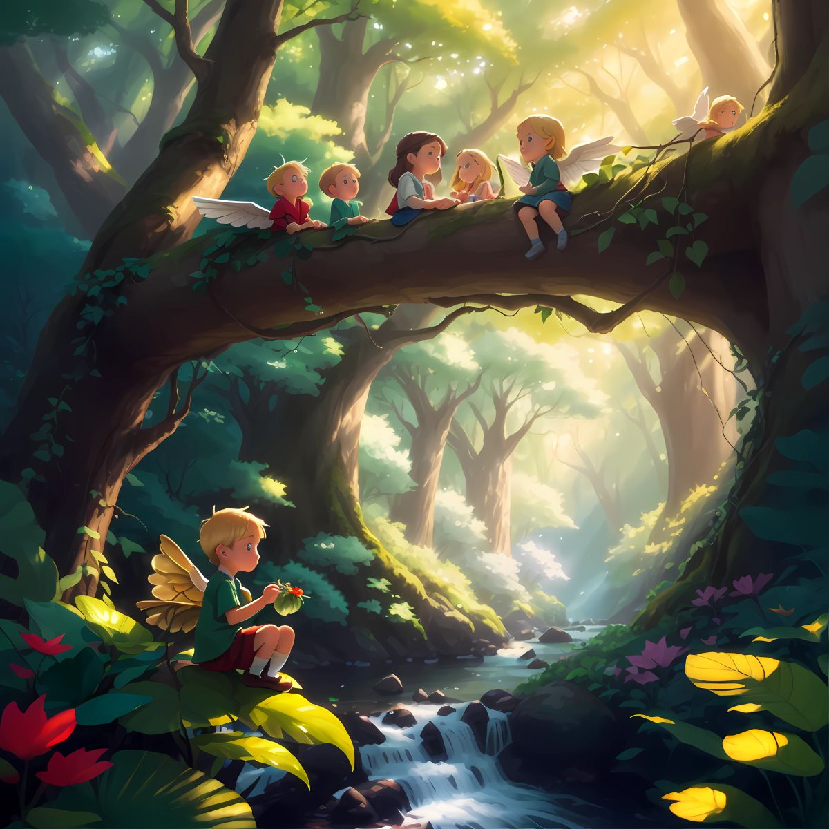 A magical forest, lush and green, with tall trees and a river flowing through it. Brooklyn, Logan, and Grace, crawling on leaves and eating juicy fruit, while pixies with wings fly high above them.