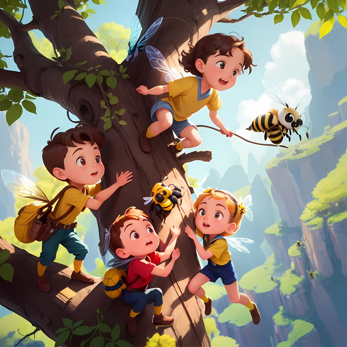 Brooklyn, Logan, and Grace coming to the aid of a lost little bee stuck in a tree. With their pixie powers, they set the bee free and guided it back to its hive, learning the joy of helping others.