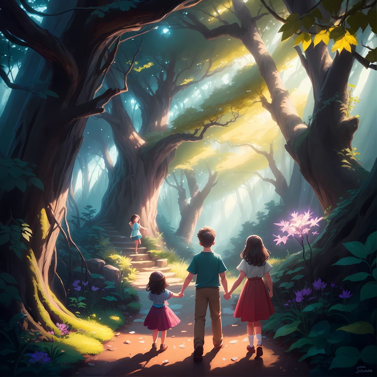 Brooklyn, Logan, and Grace venturing hand in hand into the enchanted woods, discovering hidden treasures and marveling at the beauty around them. They were spellbound by the wonders they found.