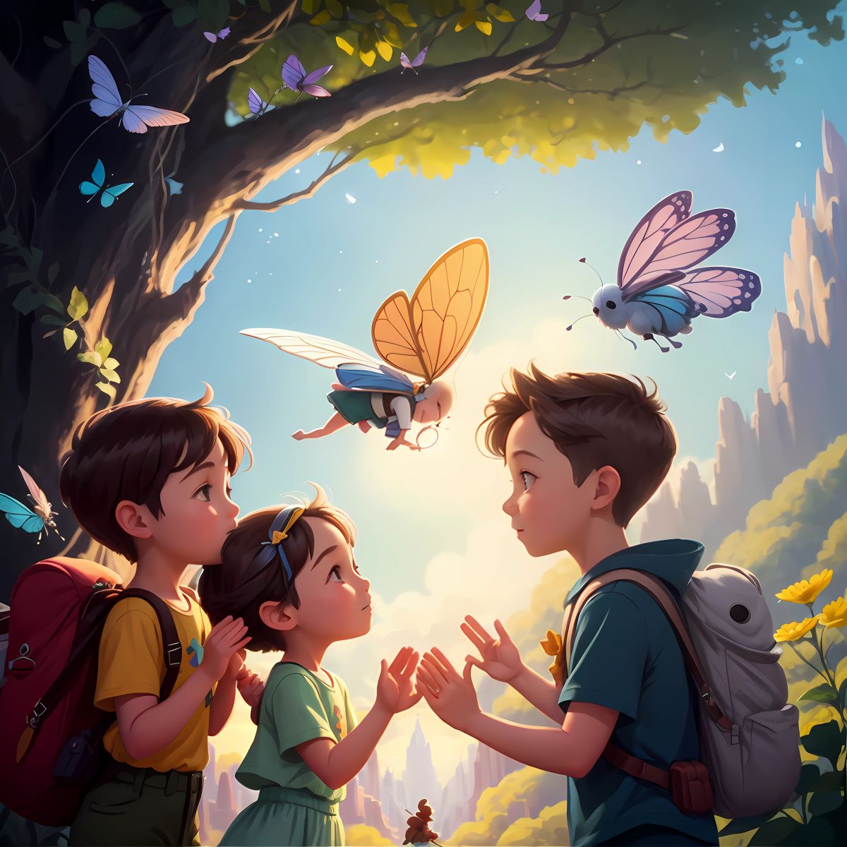 Brooklyn, Logan, and Grace bidding farewell to their pixie friends with hugs and laughter. They flew back to their caterpillar home, carrying the memories of their magical days as they forever roamed.