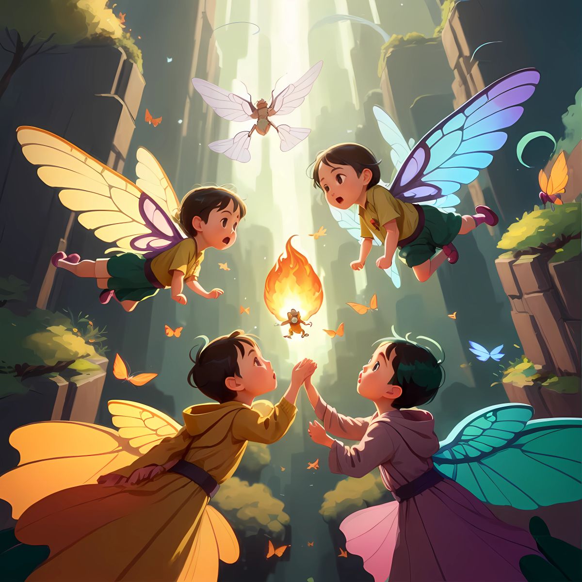 Brooklyn, Logan, and Grace wriggling and squirming out of their cocoons, amazed to find that they had transformed into pixies. With delicate wings and bodies aflame, they fluttered their wings and took flight.