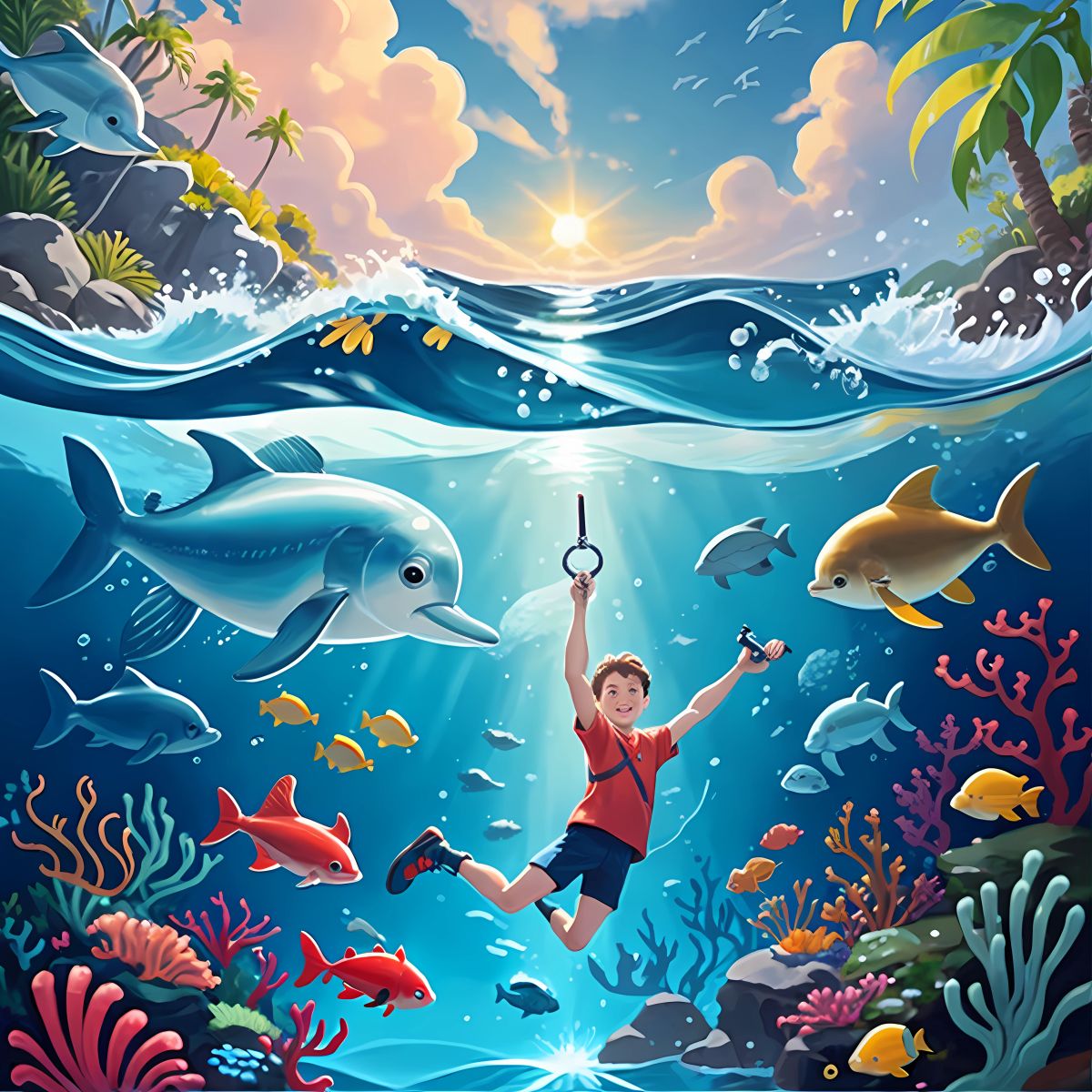 Peter using a wrench to tighten loose bolts and sealing the leak with a special waterproof tape. The water flow stabilizes, and the sea creatures cheer in delight.