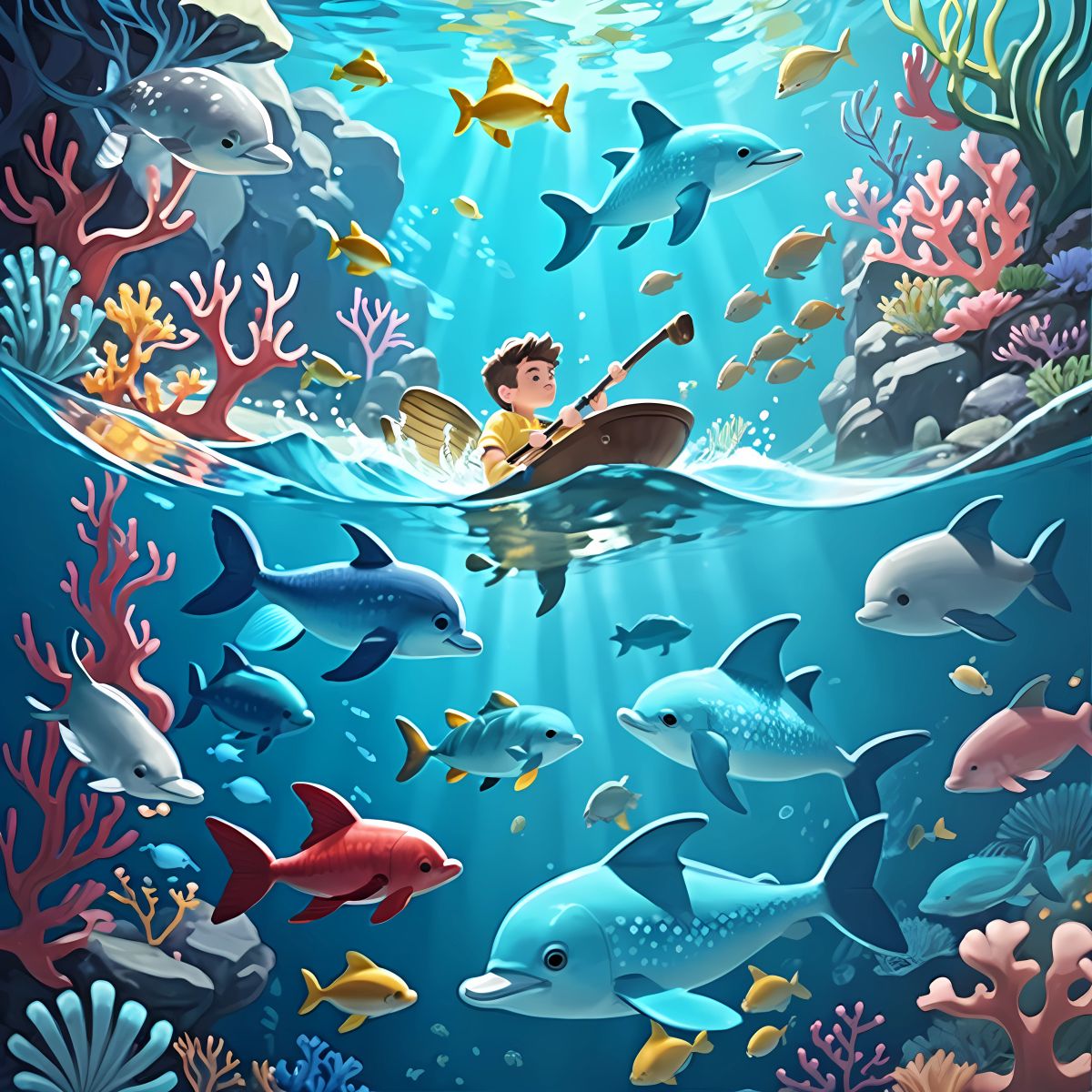 Peter repairing the pipe while surrounded by fish and dolphins. He takes a moment to explain the importance of water conservation to the sea creatures, who listen intently.
