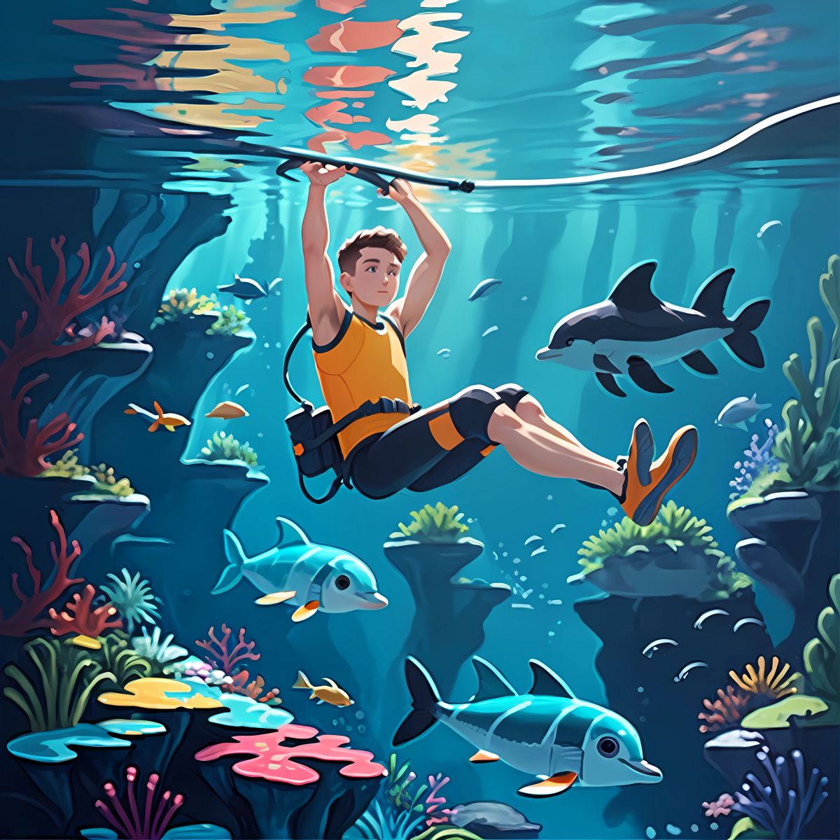 Peter wearing waterproof gear and swimming through the tanks, observing the water flow and searching for any signs of damage. He notices a crack in one of the pipes, the source of the leak.
