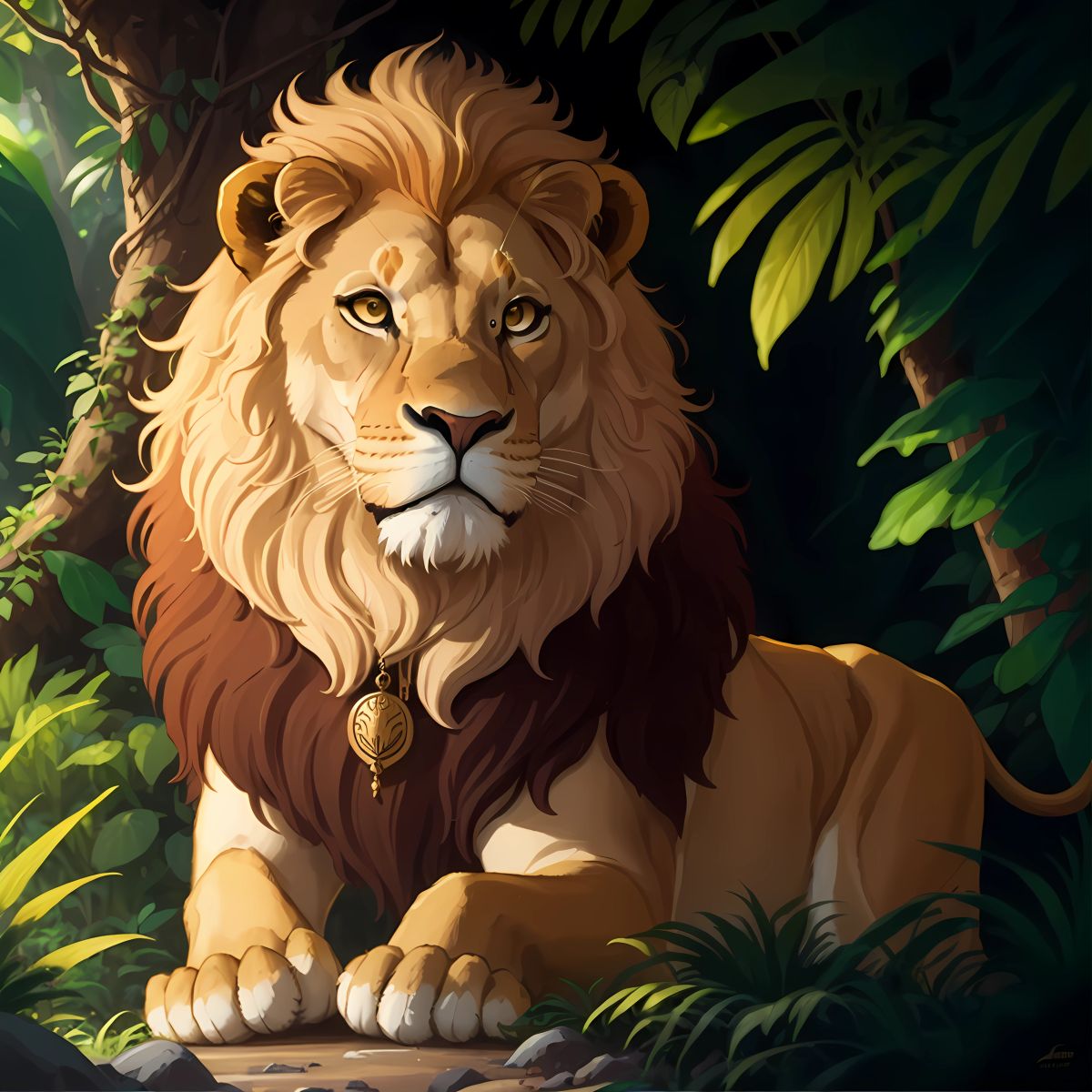 Zion the Lion touching his pendant, looking determined