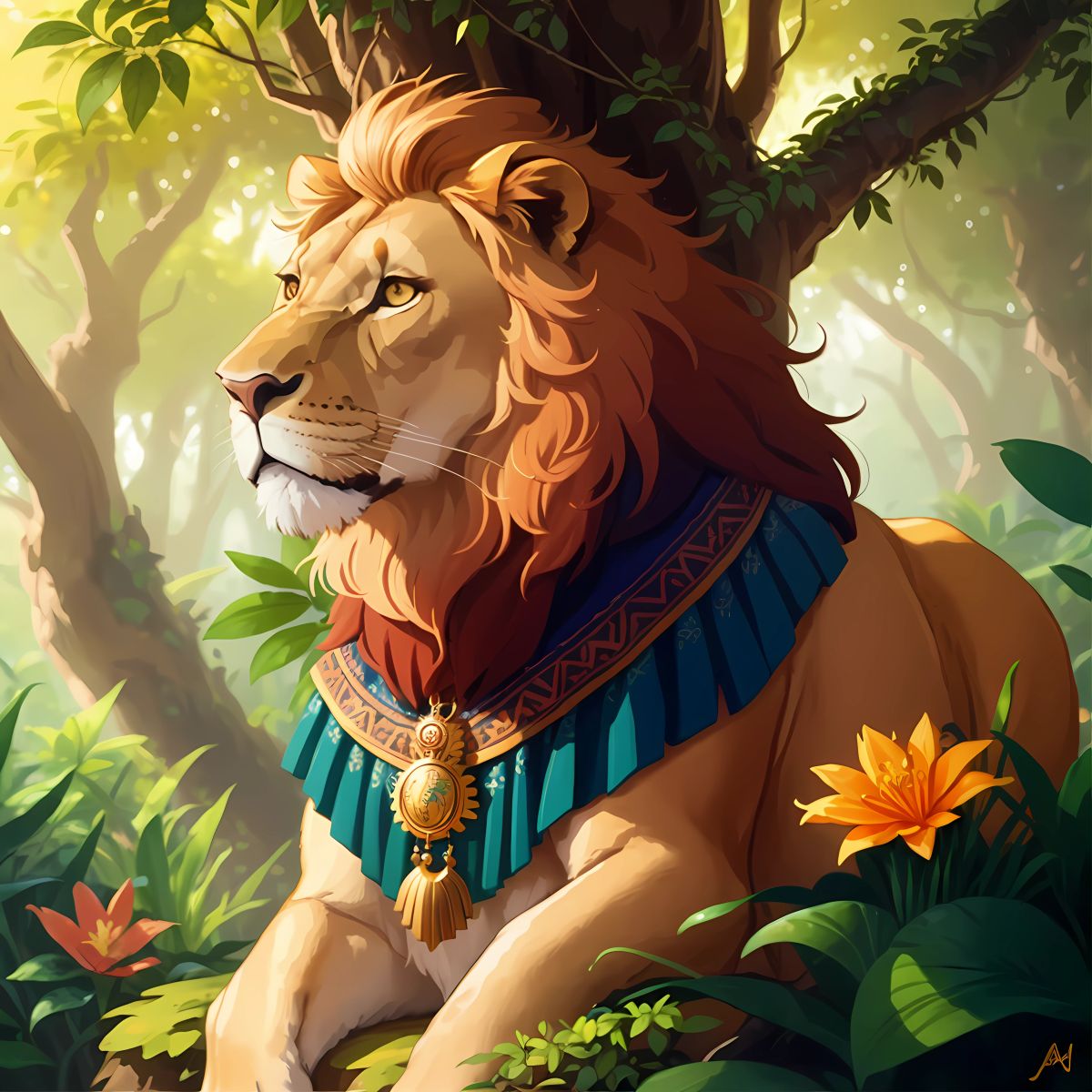 Zion the Lion sitting in a sunlit jungle, looking at a pendant around his neck