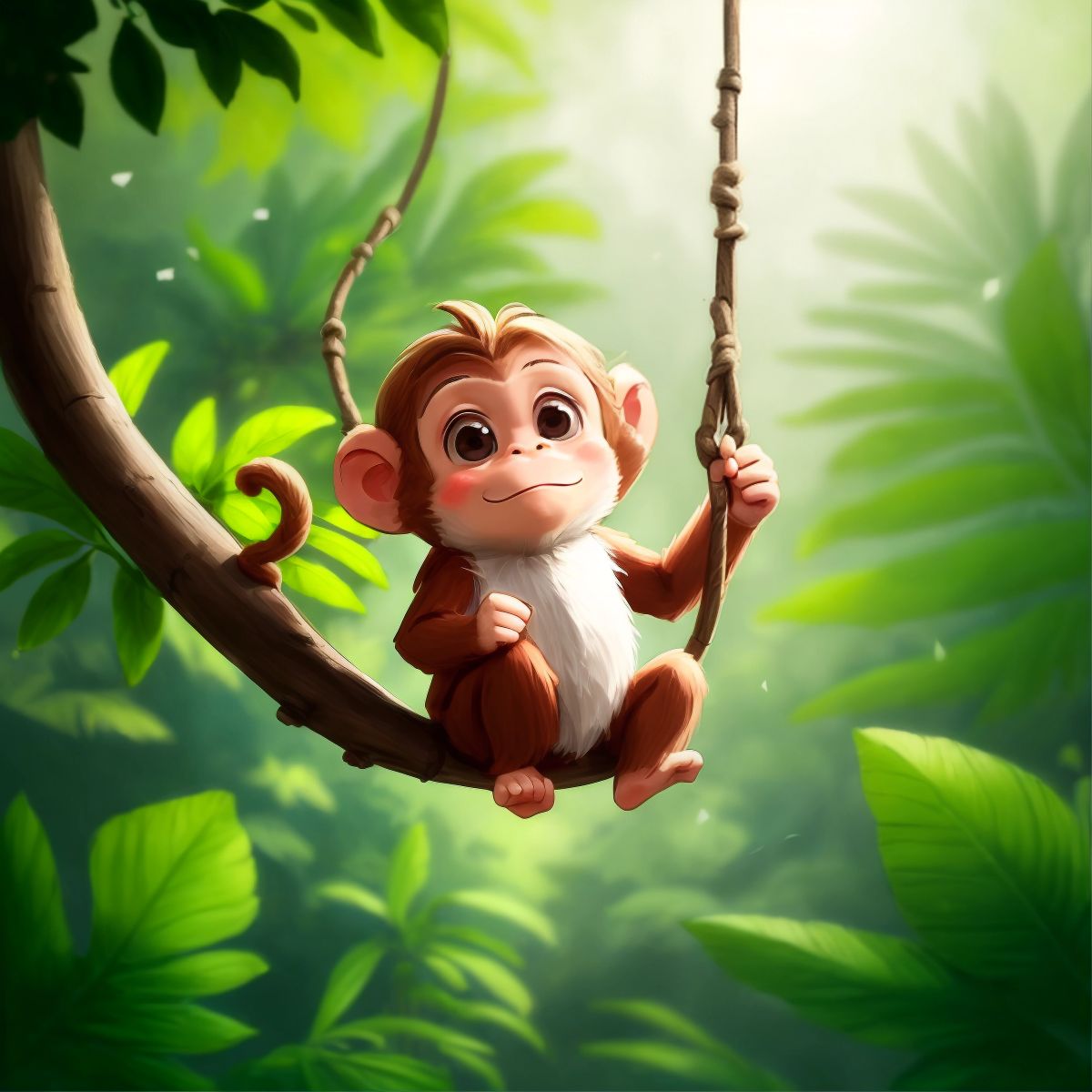 A curious monkey swinging from tree to tree