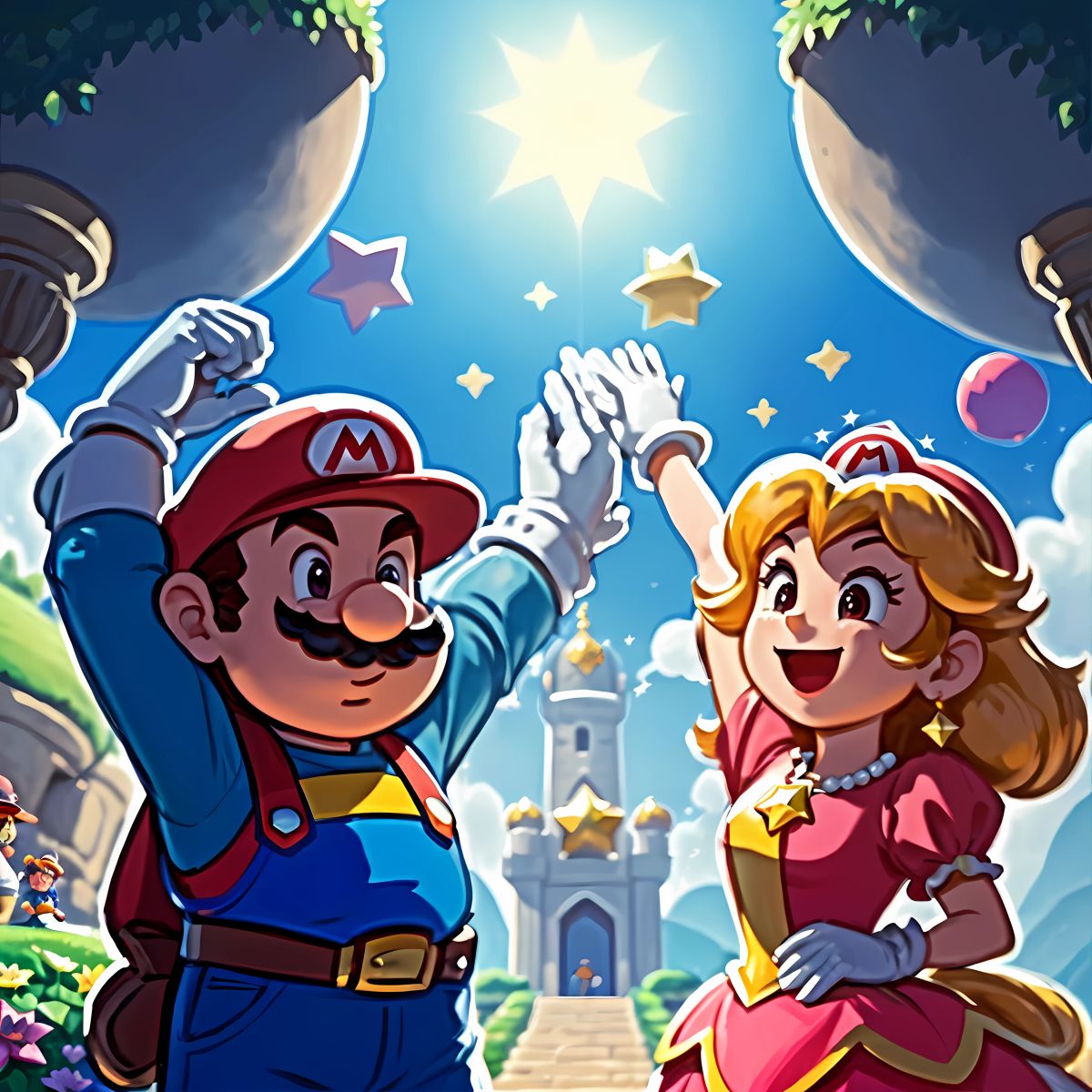 Alex and Mario succeed in freeing Princess Peach, becoming heroes in the eyes of the Super Mario World's inhabitants. They receive applause and admiration from everyone around them, overwhelmed with joy and pride.