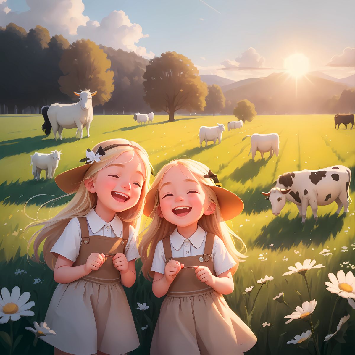 Greeted by the Cows: Ellie and Addie giggling as they watch black and white cows grazing in a field, with the sun shining down on them.