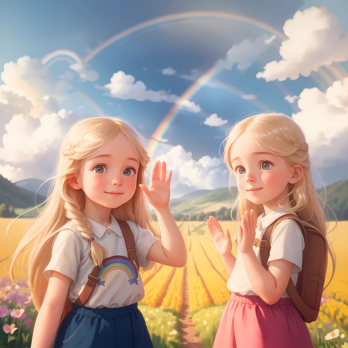 A Day to Remember: Ellie and Addie waving goodbye to the farm, with a rainbow in the sky and memories of their joyful day etched in their hearts.