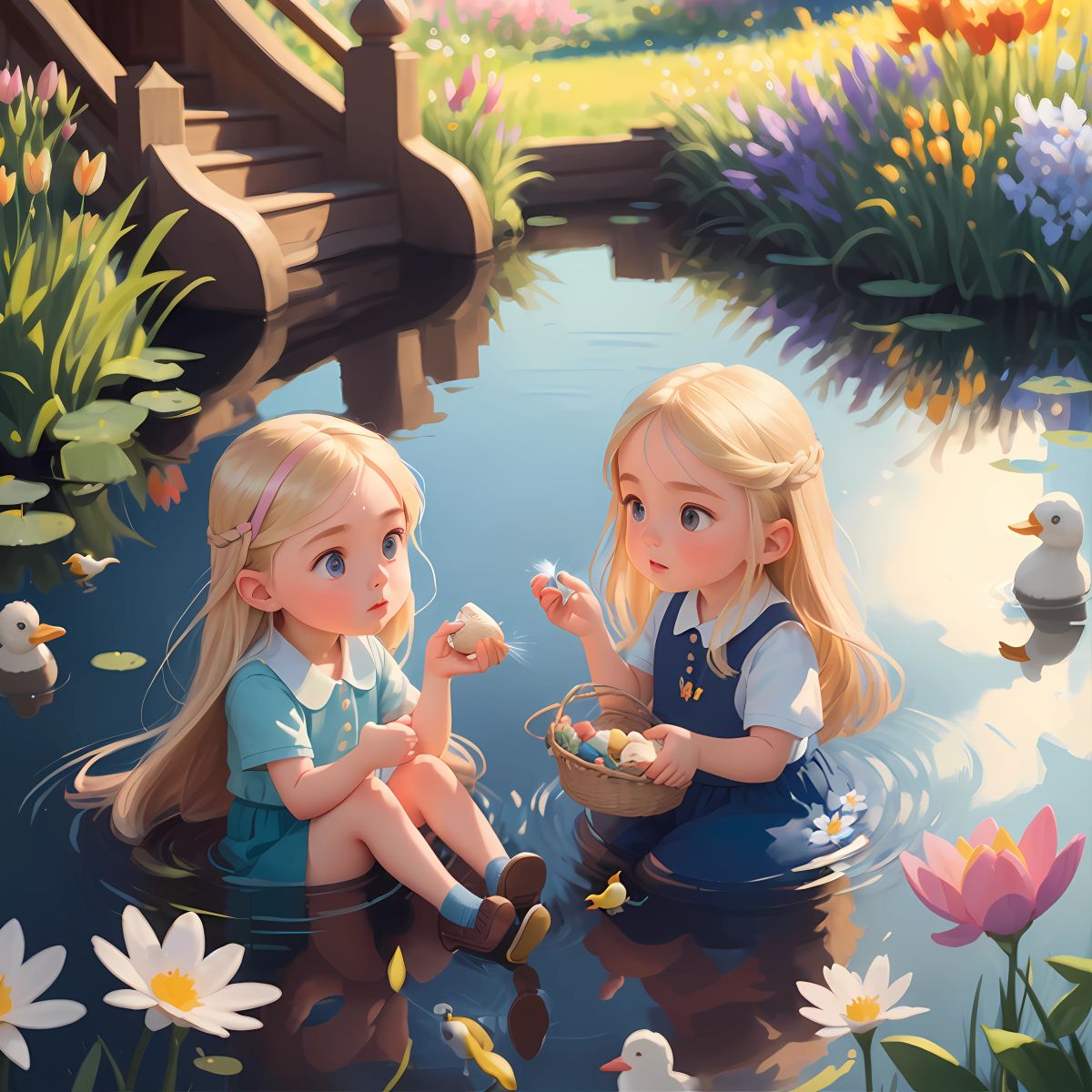 Quacking Ducks in the Pond: Ellie and Addie feeding ducks in a serene blue pond, surrounded by tall grass and colorful flowers.