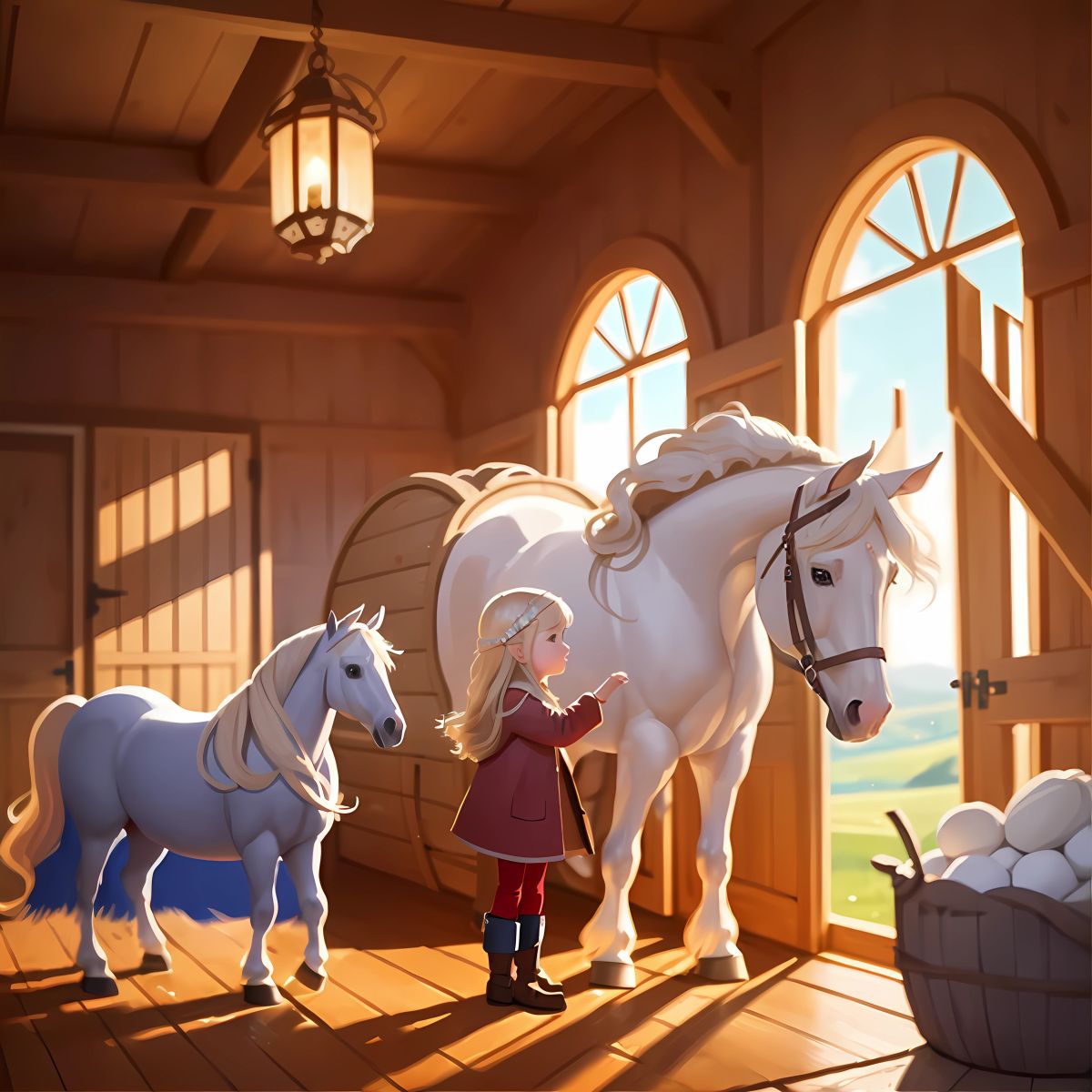 Swirl, the Majestic Horse: Ellie and Addie standing in awe in front of Swirl, a beautiful horse with a shiny coat, in a stable filled with hay.