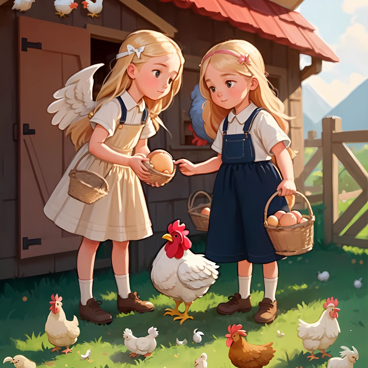 Cluck Cluck, the Hens and Rooster: Ellie and Addie carefully gathering eggs from a chicken coop, with hens clucking and a proud rooster standing tall.