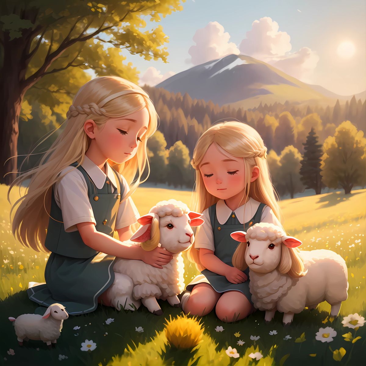 Baa Baa, the Sheep Say Hello: Ellie and Addie gently touching fluffy white sheep in a peaceful meadow, with the sun setting behind them.