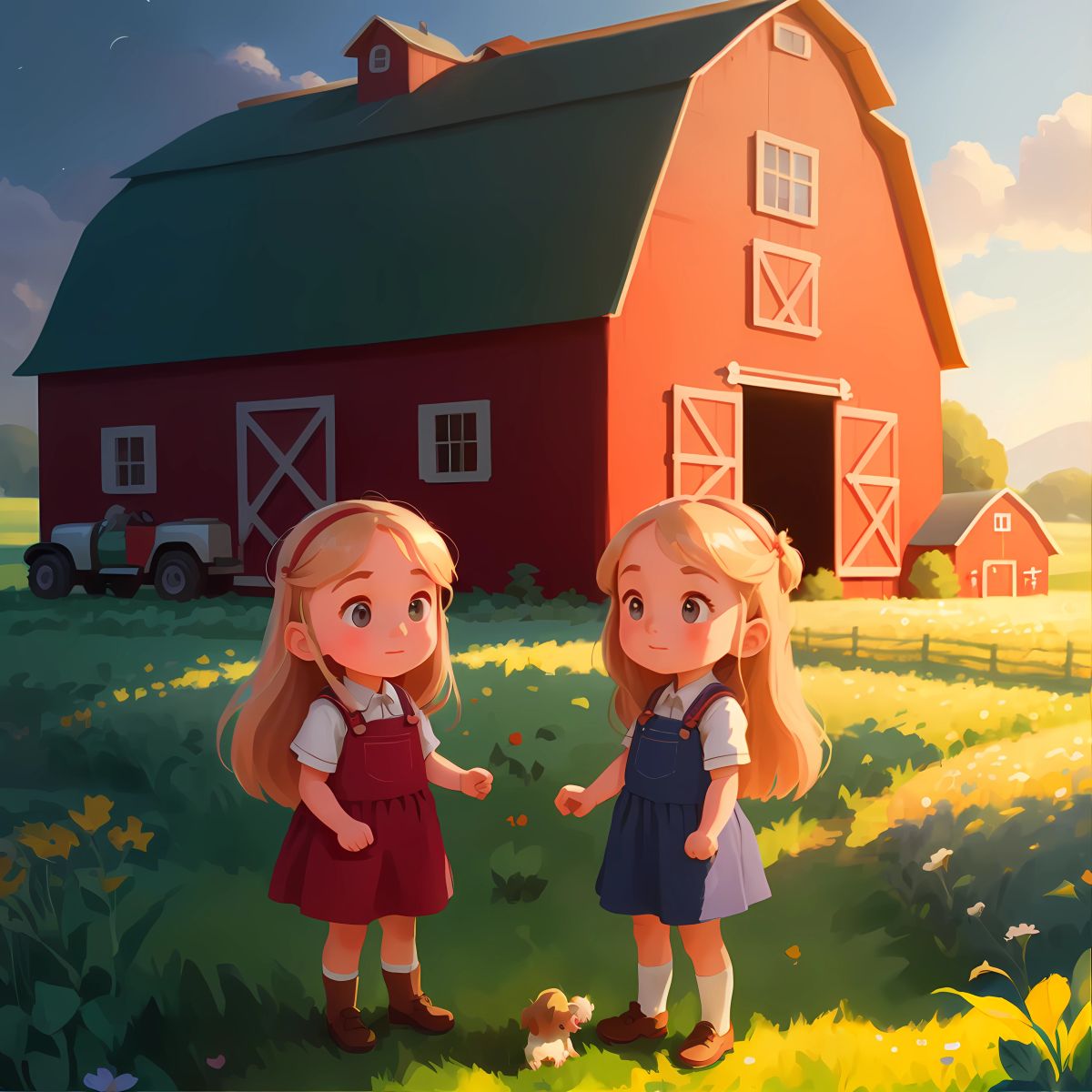 A Trip to the Farm: Two little girls, Ellie and Addie, standing in front of a farm with a big red barn and fields of green.