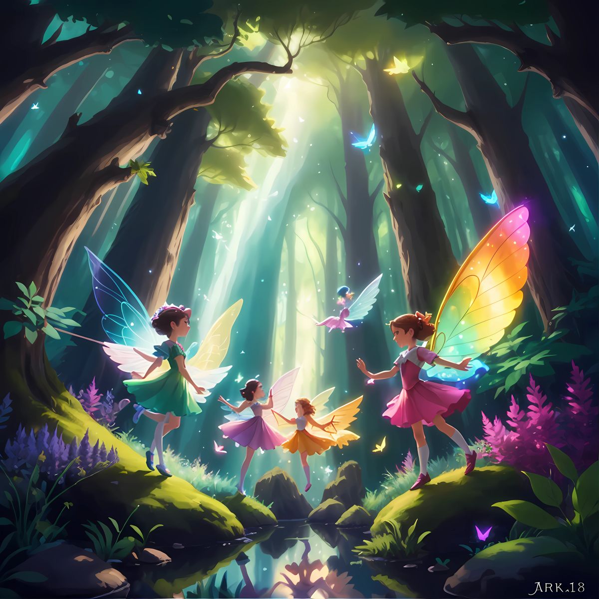 Colorful fairies with sparkling wings in the Enchanted Forest