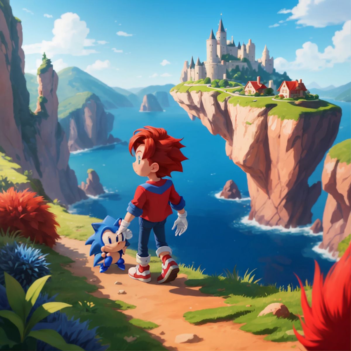 Knuckles and Sonic on an adventure, with various landscapes in the background