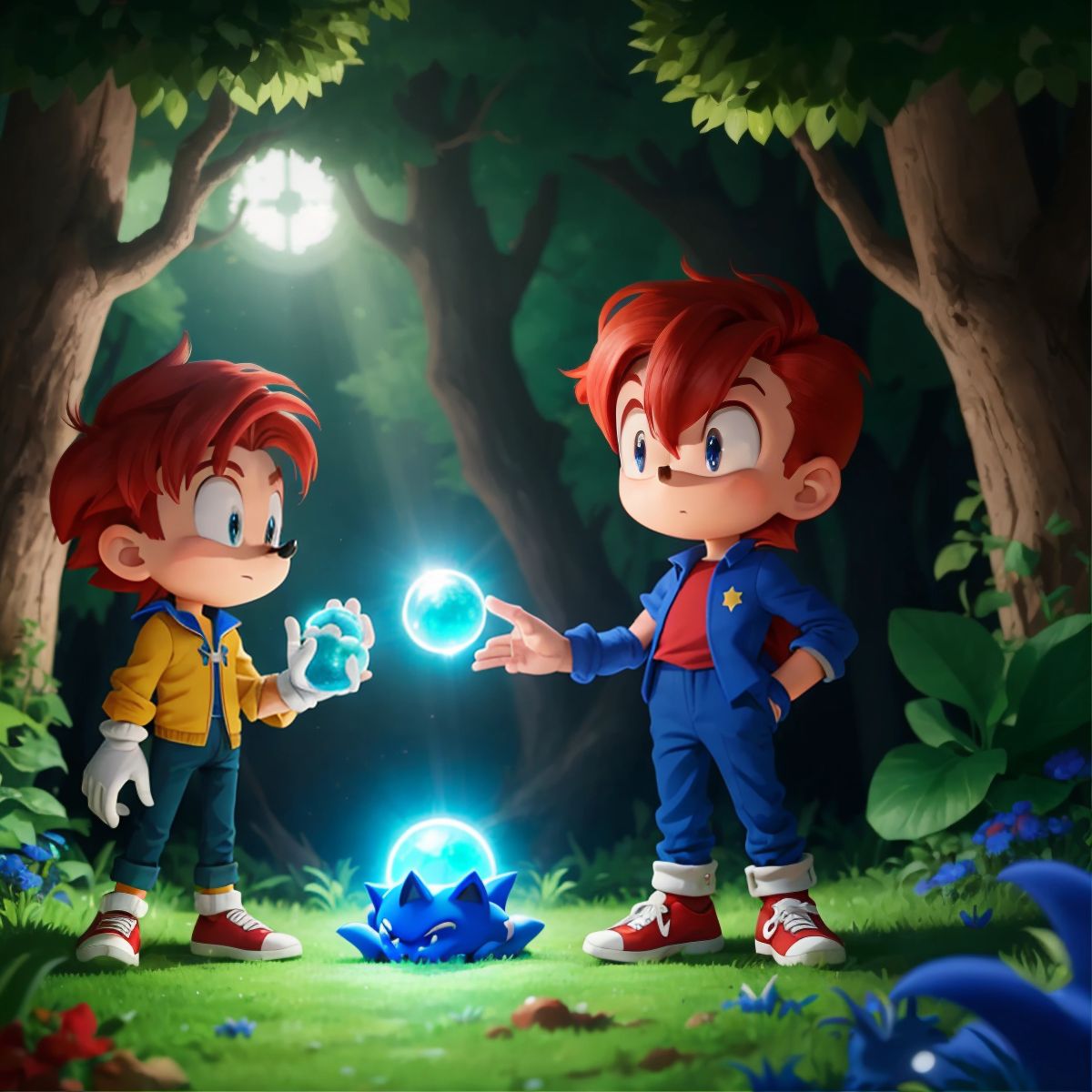 Knuckles and Sonic examining a glowing emerald