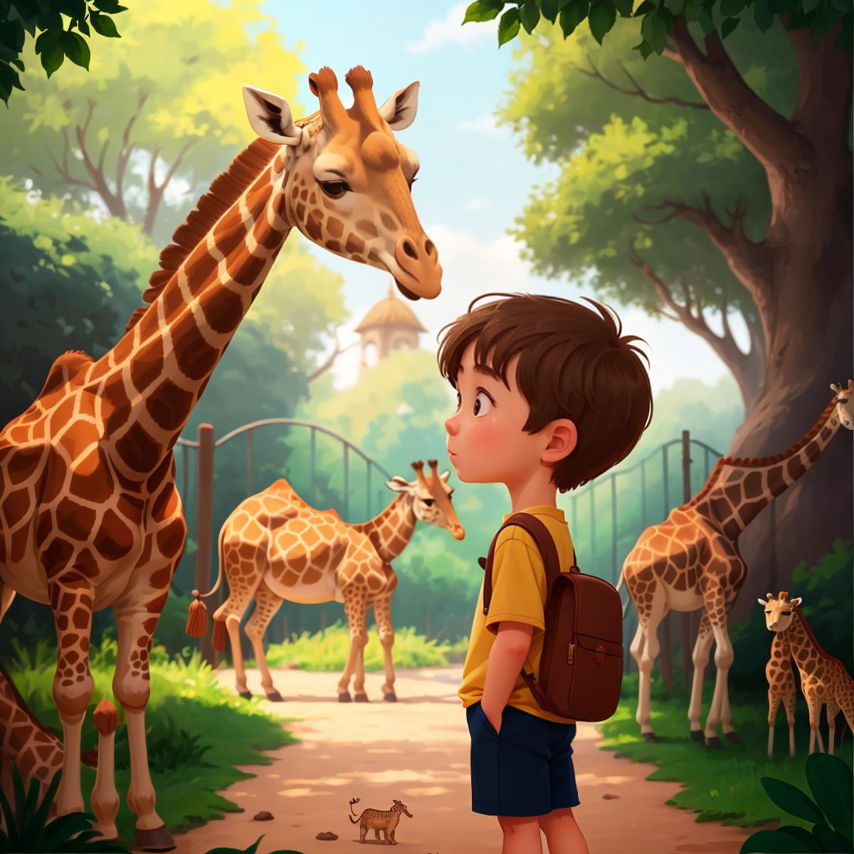 David looking at a giraffe in a zoo