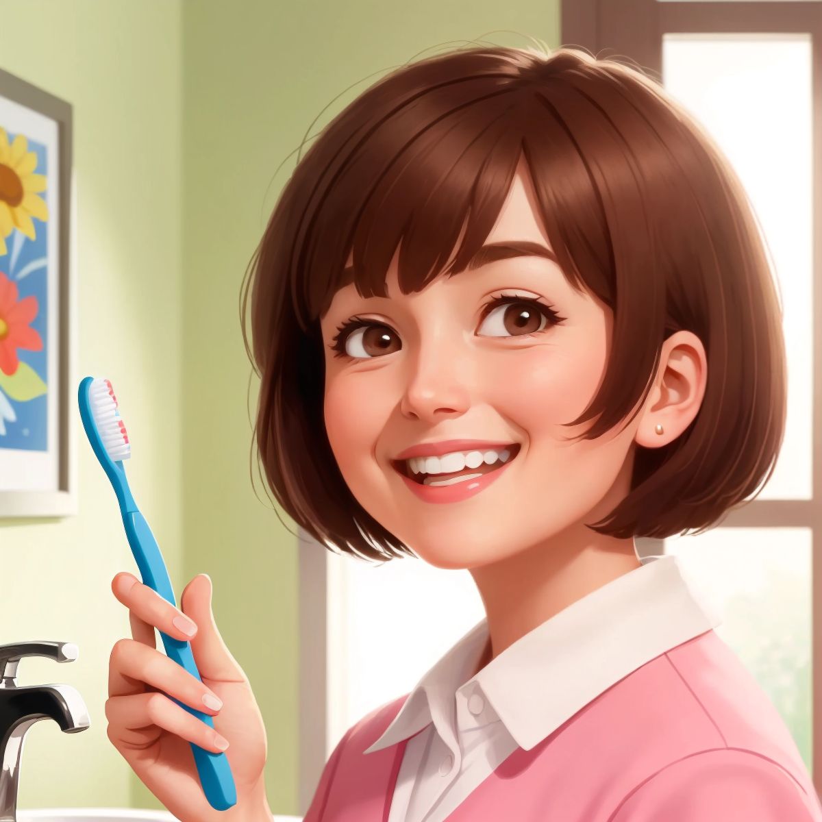 Dr. Lily with a big smile, holding a toothbrush