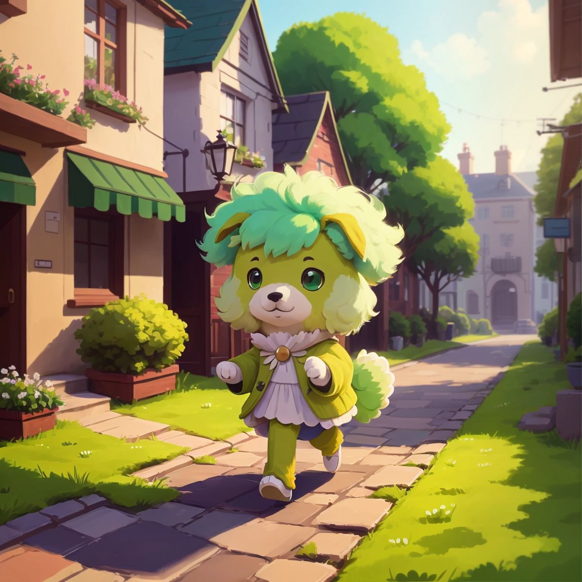 Fud, the green dog with fluffy green hair, walking down a street