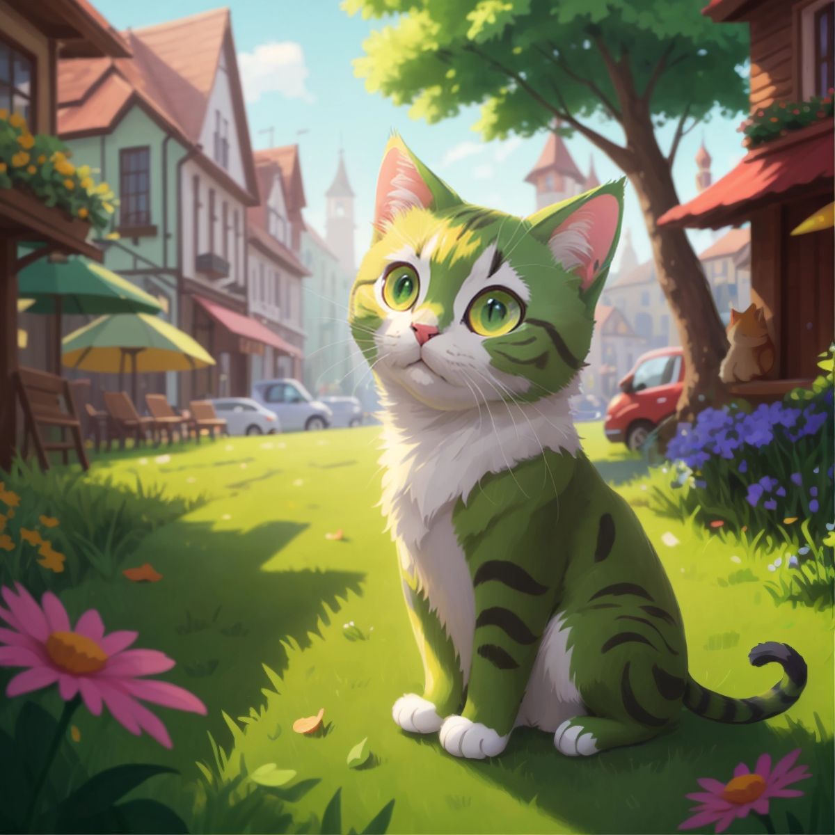 Fomo, the green cat, looking at vibrant digital art