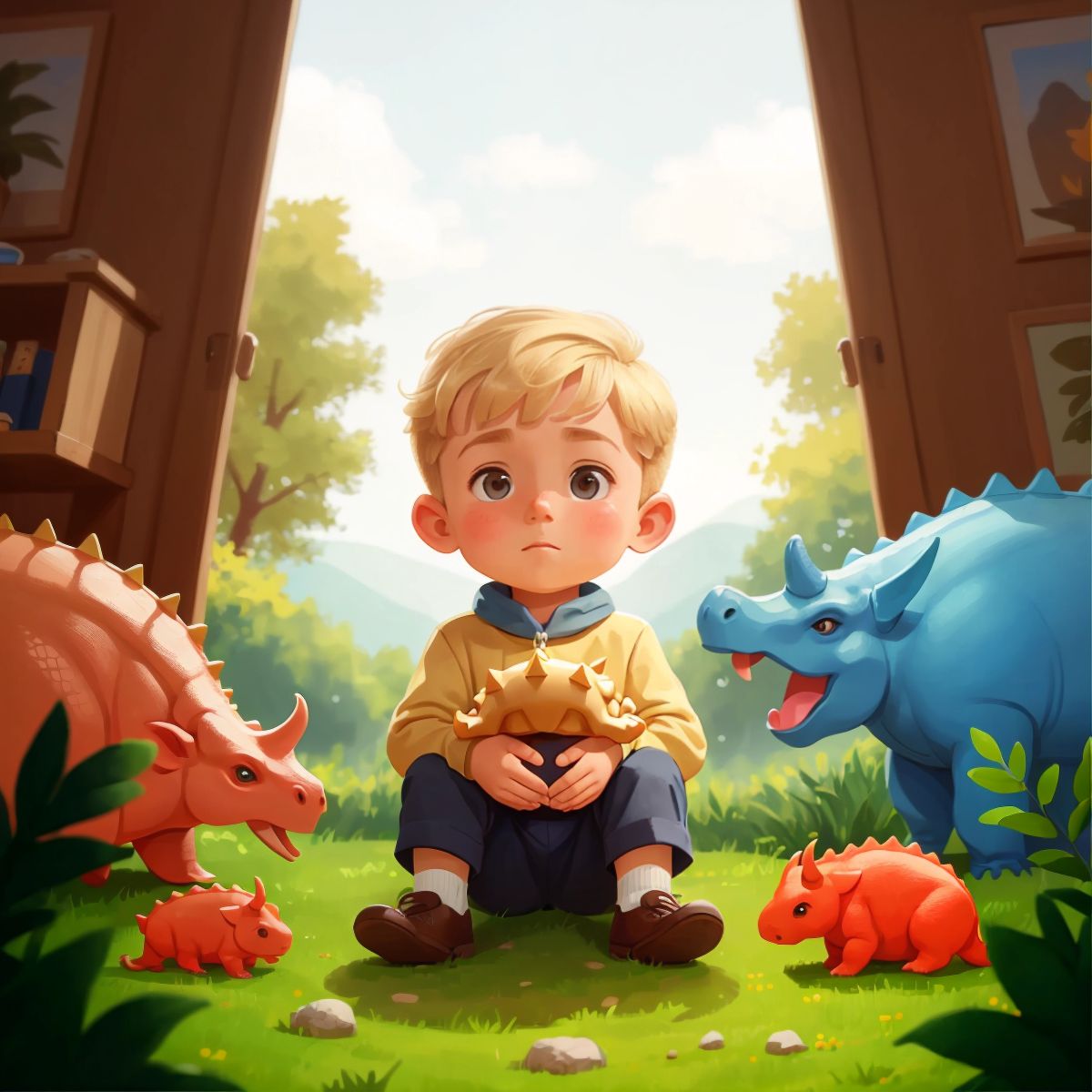 Logan feeling warm inside, surrounded by triceratops