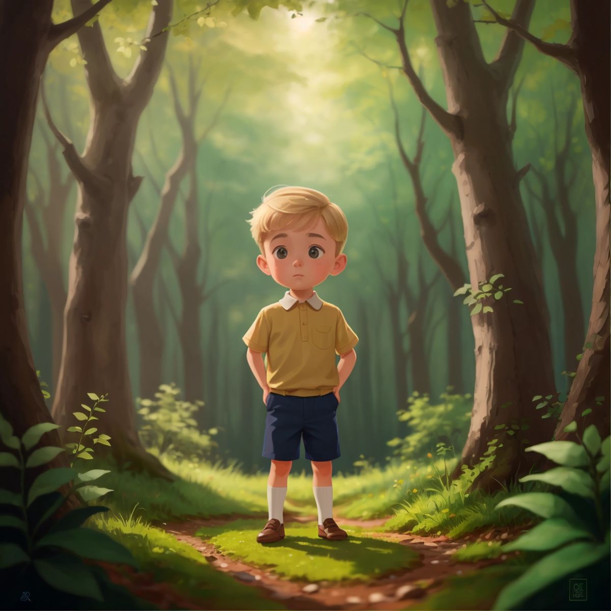 A curious boy named Logan standing in a forest