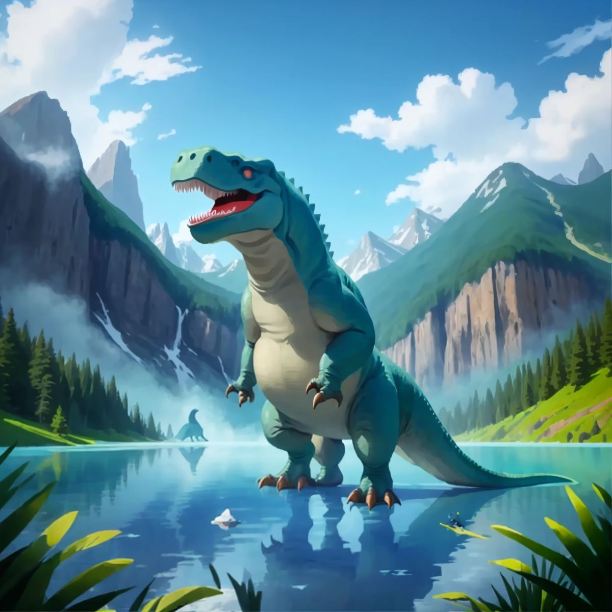 A mighty T-rex standing near a large blue lake