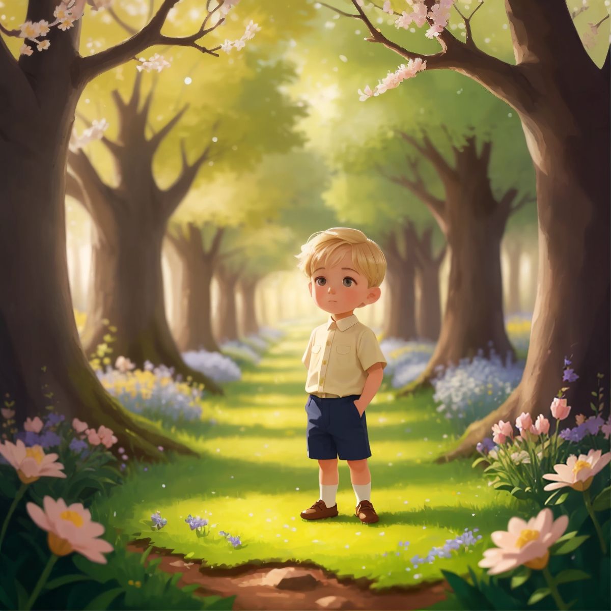 Logan standing in an enchanted grove with sparkling flowers