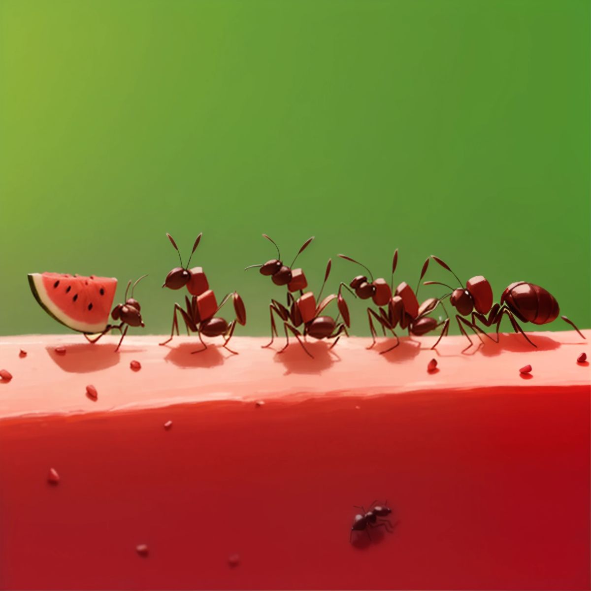 A line of ants passing along a piece of watermelon