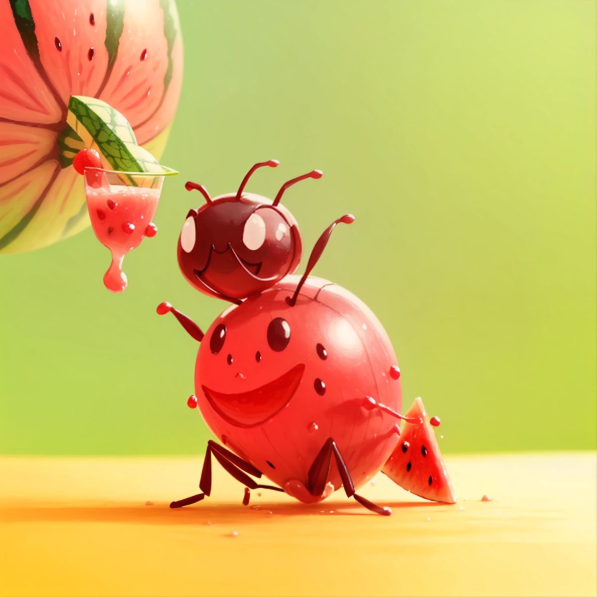 A happy ant with watermelon juice dripping off its body