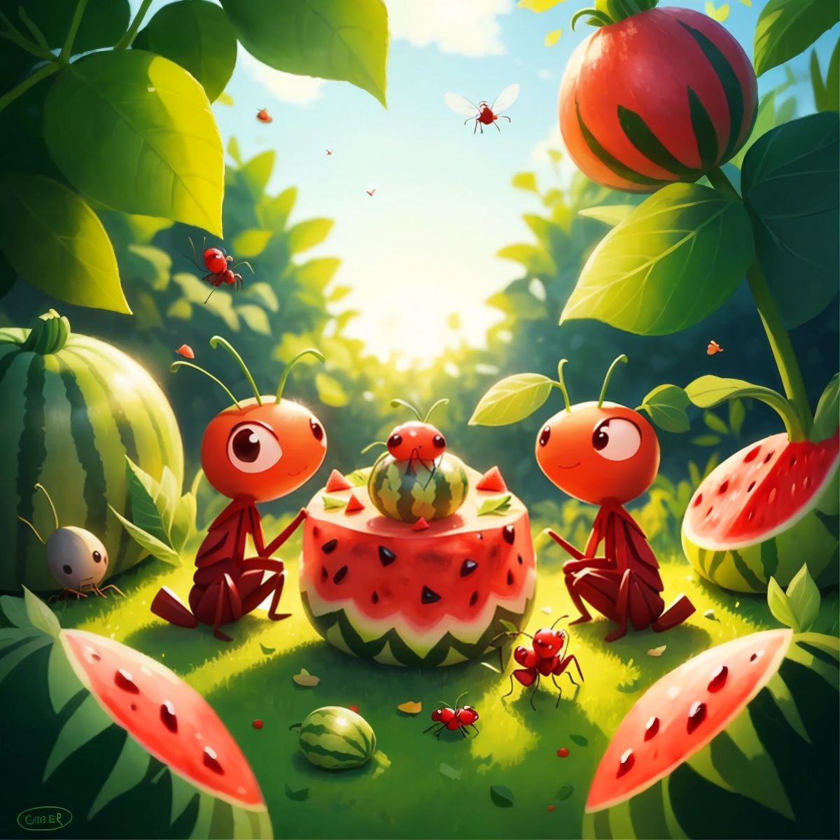 Ants and other garden creatures admiring a watermelon