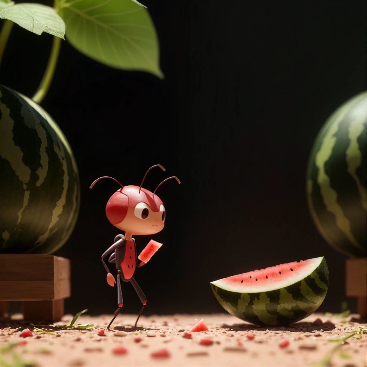 An ant standing in a contemplative pose, with a piece of watermelon nearby