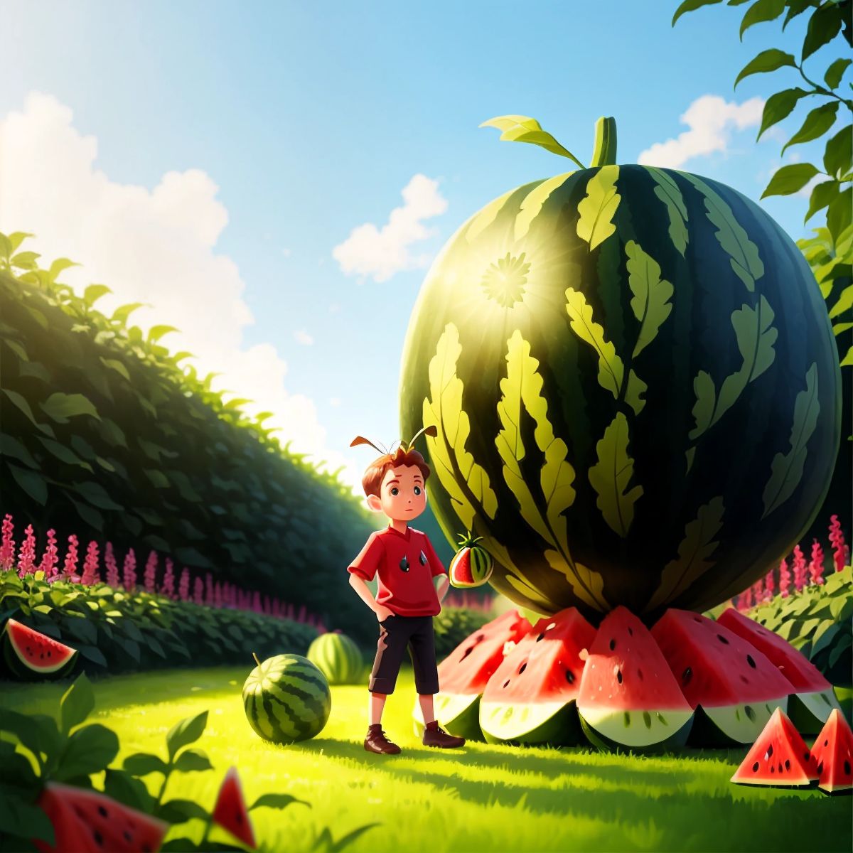 An ant standing in front of a giant watermelon in a garden