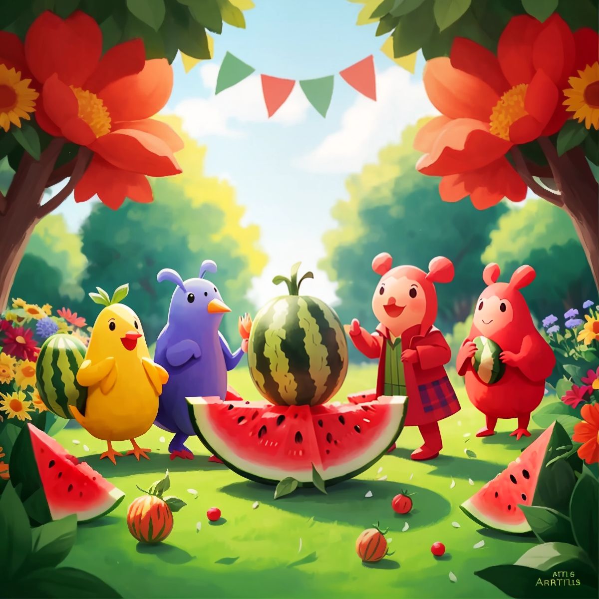Various garden animals celebrating around a watermelon