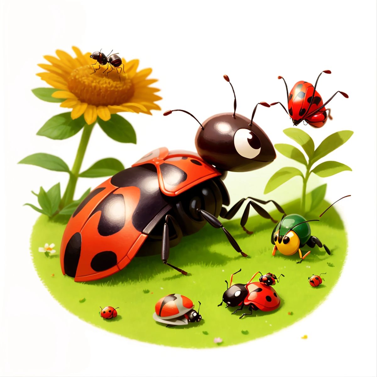An ant inviting a ladybug and a butterfly to a feast