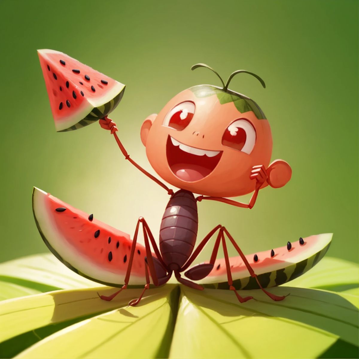 An excited ant with a piece of watermelon